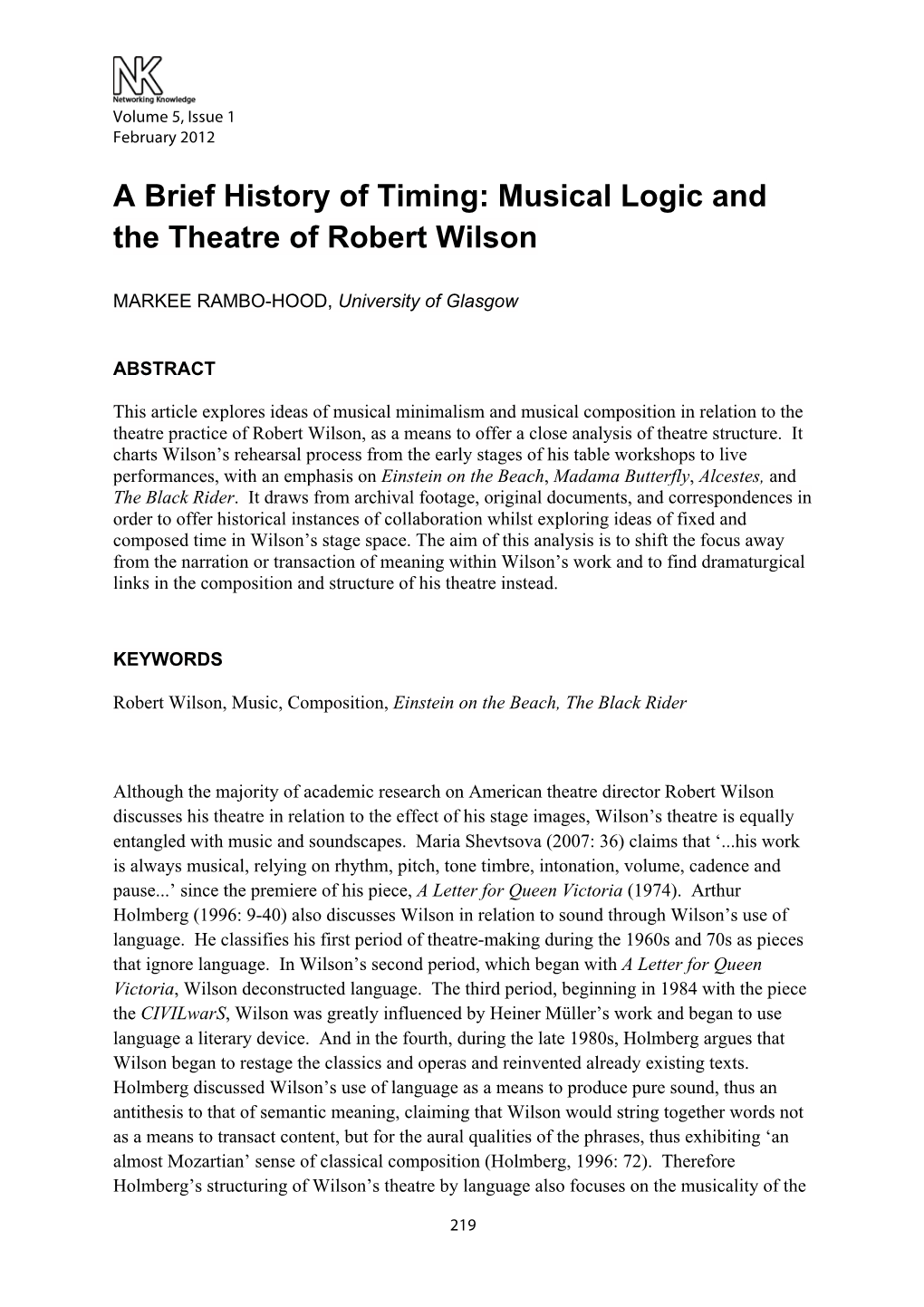 Musical Logic and the Theatre of Robert Wilson