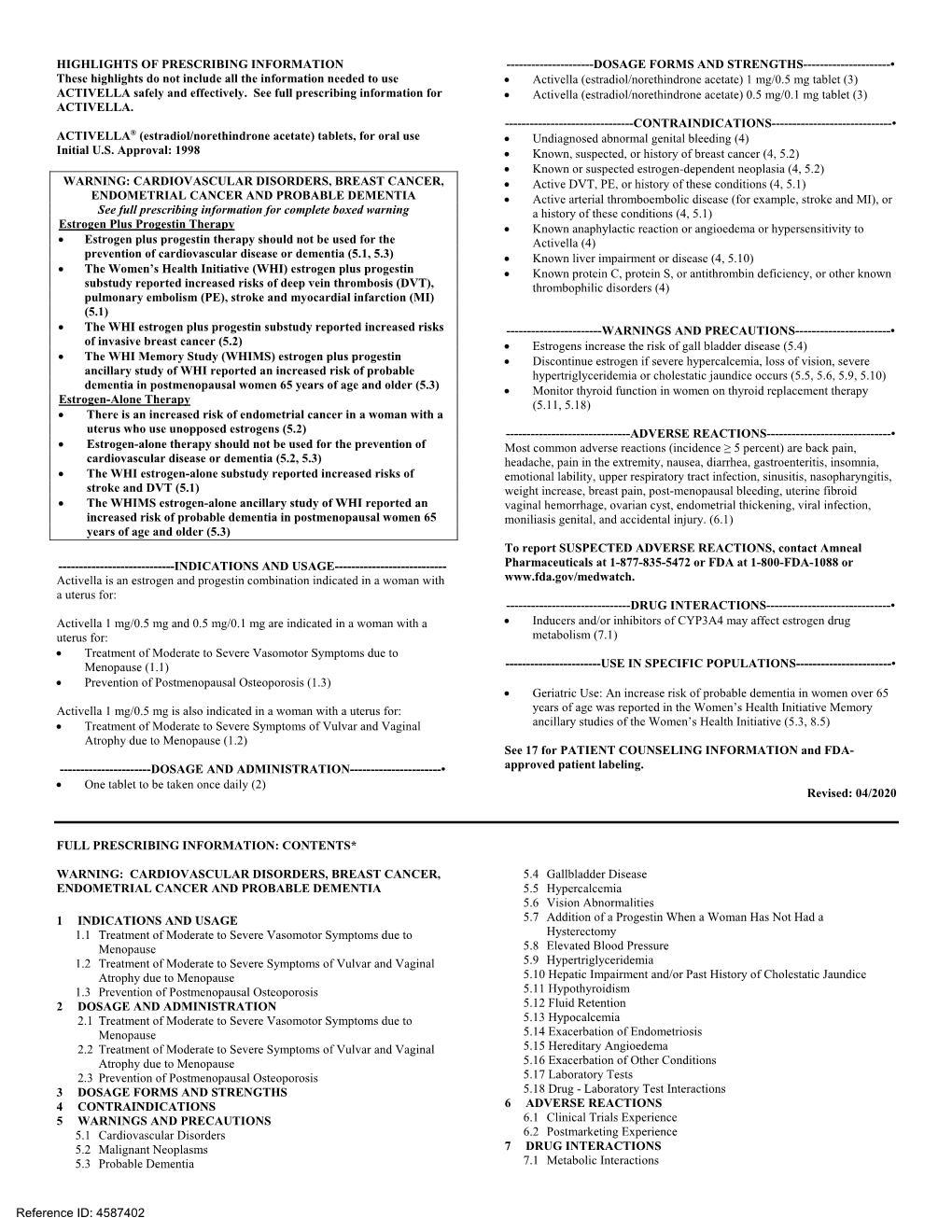 ACTIVELLA (Estradiol/Norethindrone Acetate) Label