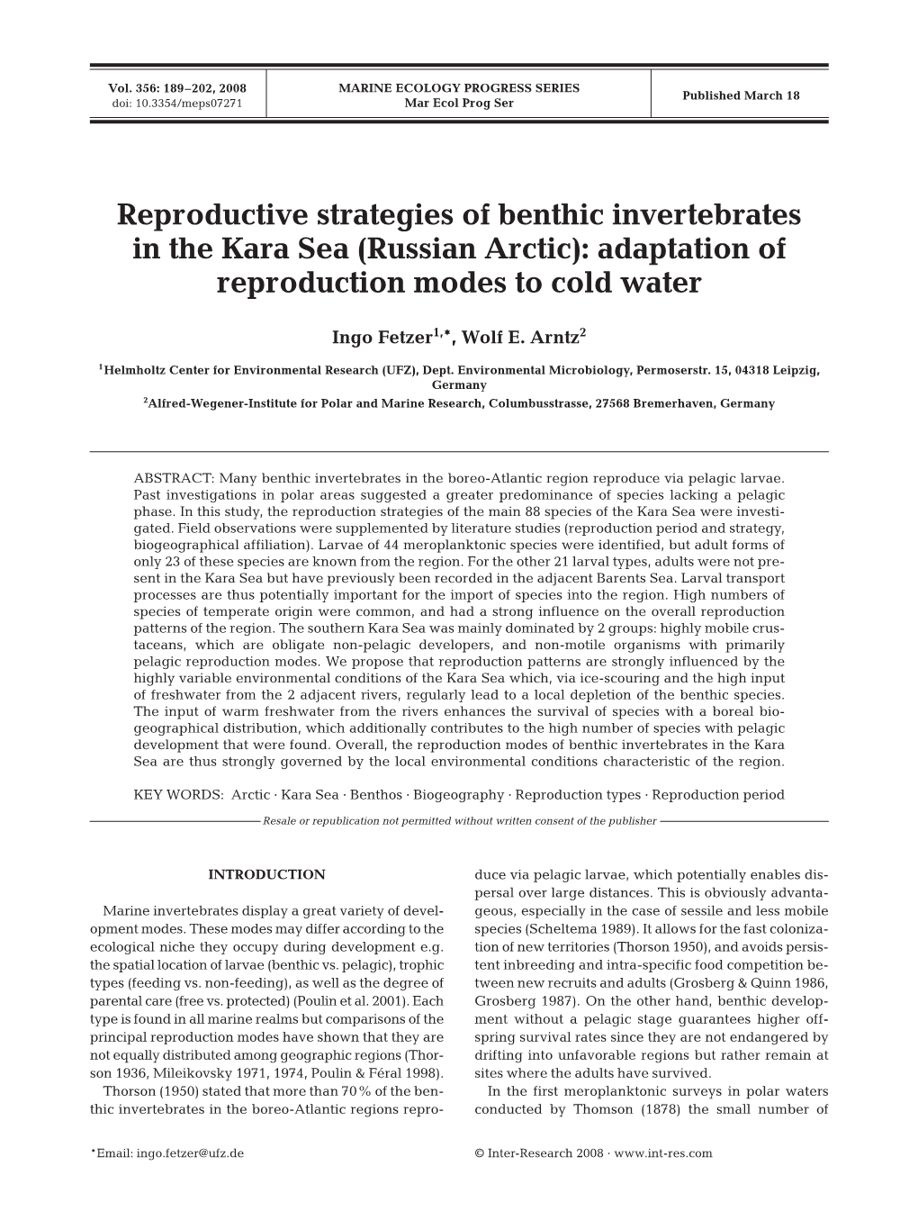 Reproductive Strategies of Benthic Invertebrates in the Kara Sea (Russian Arctic): Adaptation of Reproduction Modes to Cold Water