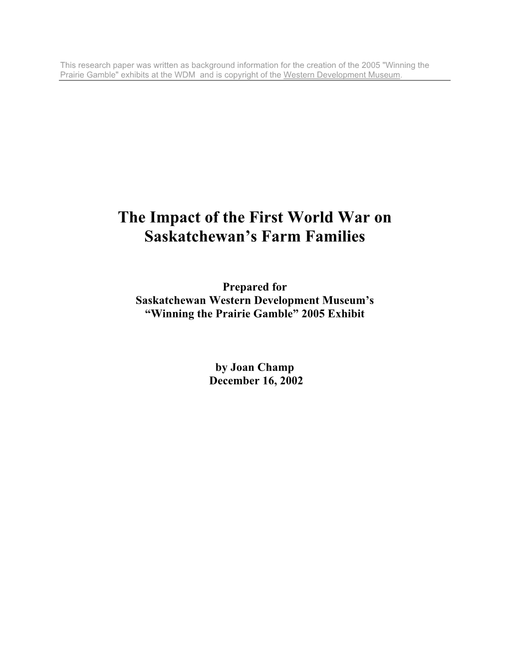 The Impact of the First World War on Saskatchewan's Farm Families