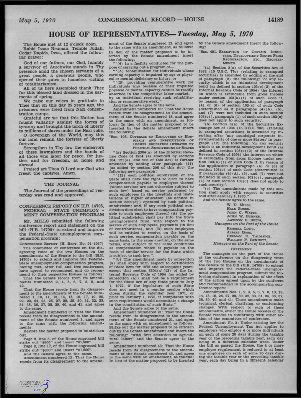 HOUSE of REPRESENTATIVES-Tuesday, May ·5, 1970 the House Met at 12 O'clock Noon