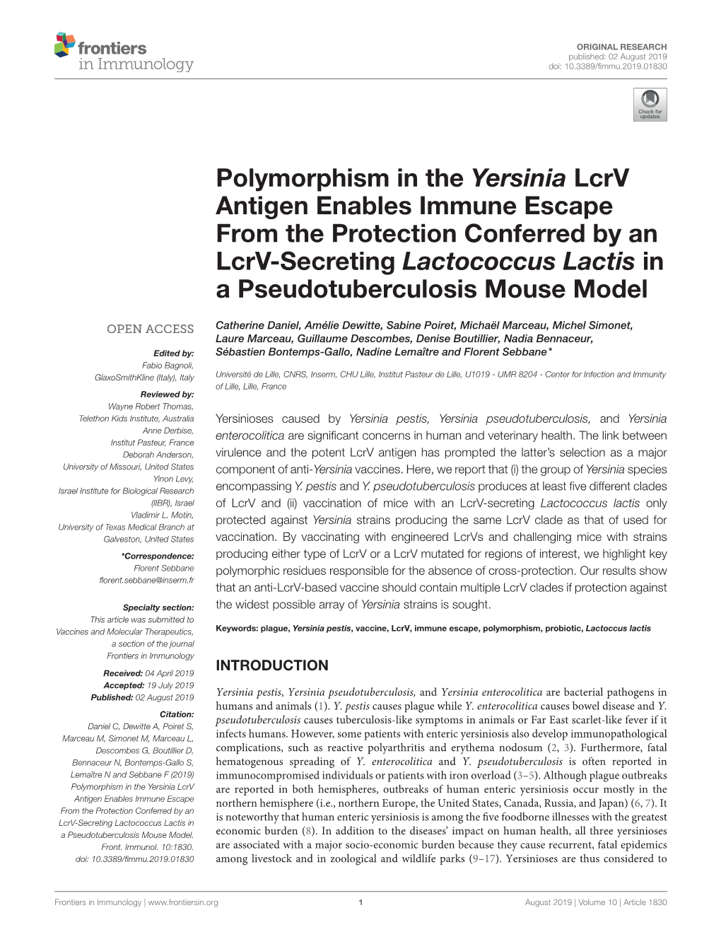 Polymorphism in the Yersinia Lcrv Antigen Enables Immune Escape