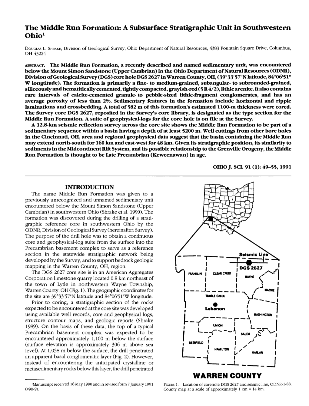 The Middle Run Formation: a Subsurface Stratigraphic Unit in Southwestern Ohio1