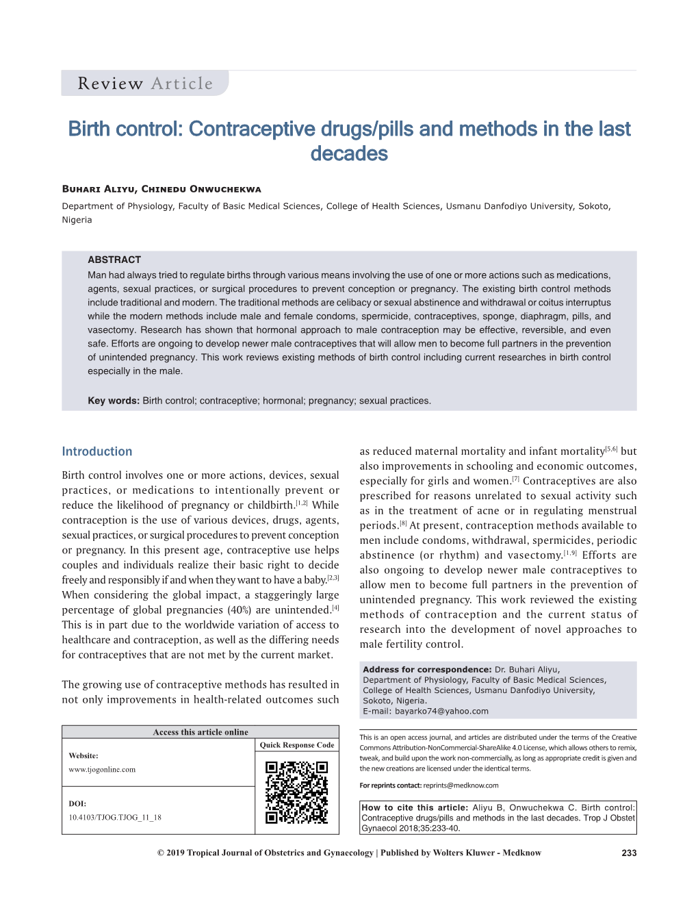 Birth Control: Contraceptive Drugs/Pills and Methods in the Last Decades