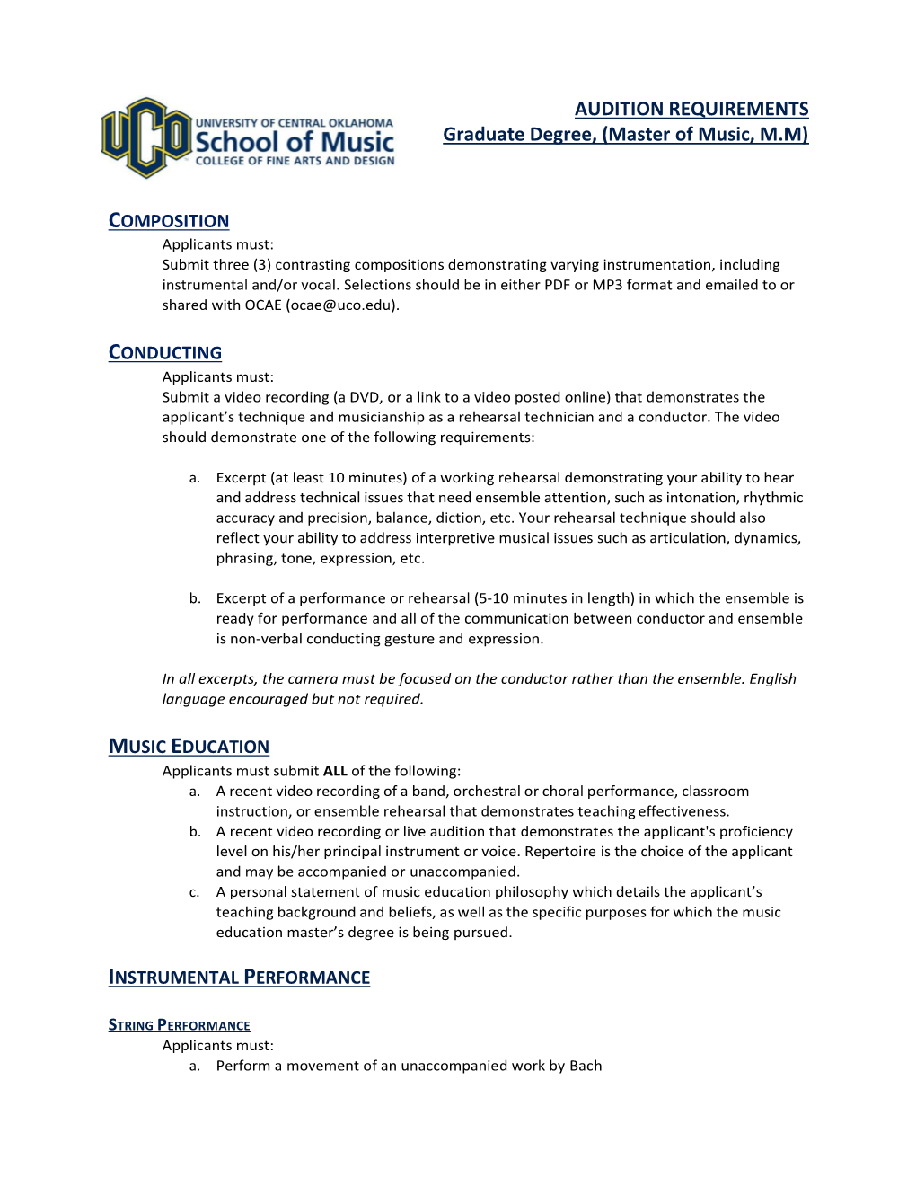 AUDITION REQUIREMENTS Graduate Degree, (Master of Music, M.M)