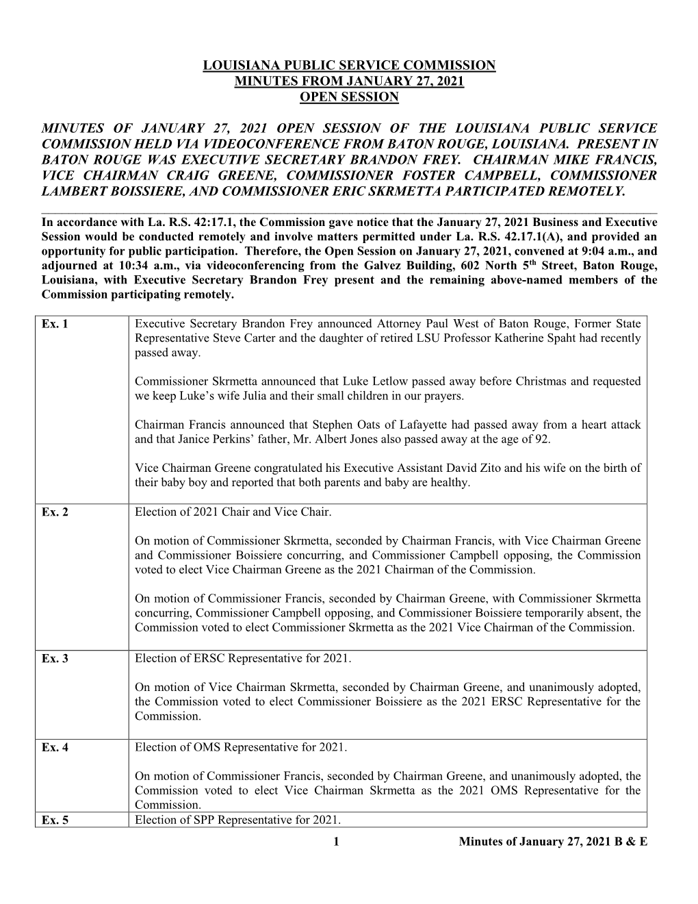 Louisiana Public Service Commission Minutes from January 27, 2021 Open Session Minutes of January 27, 2021 Open Session of the L