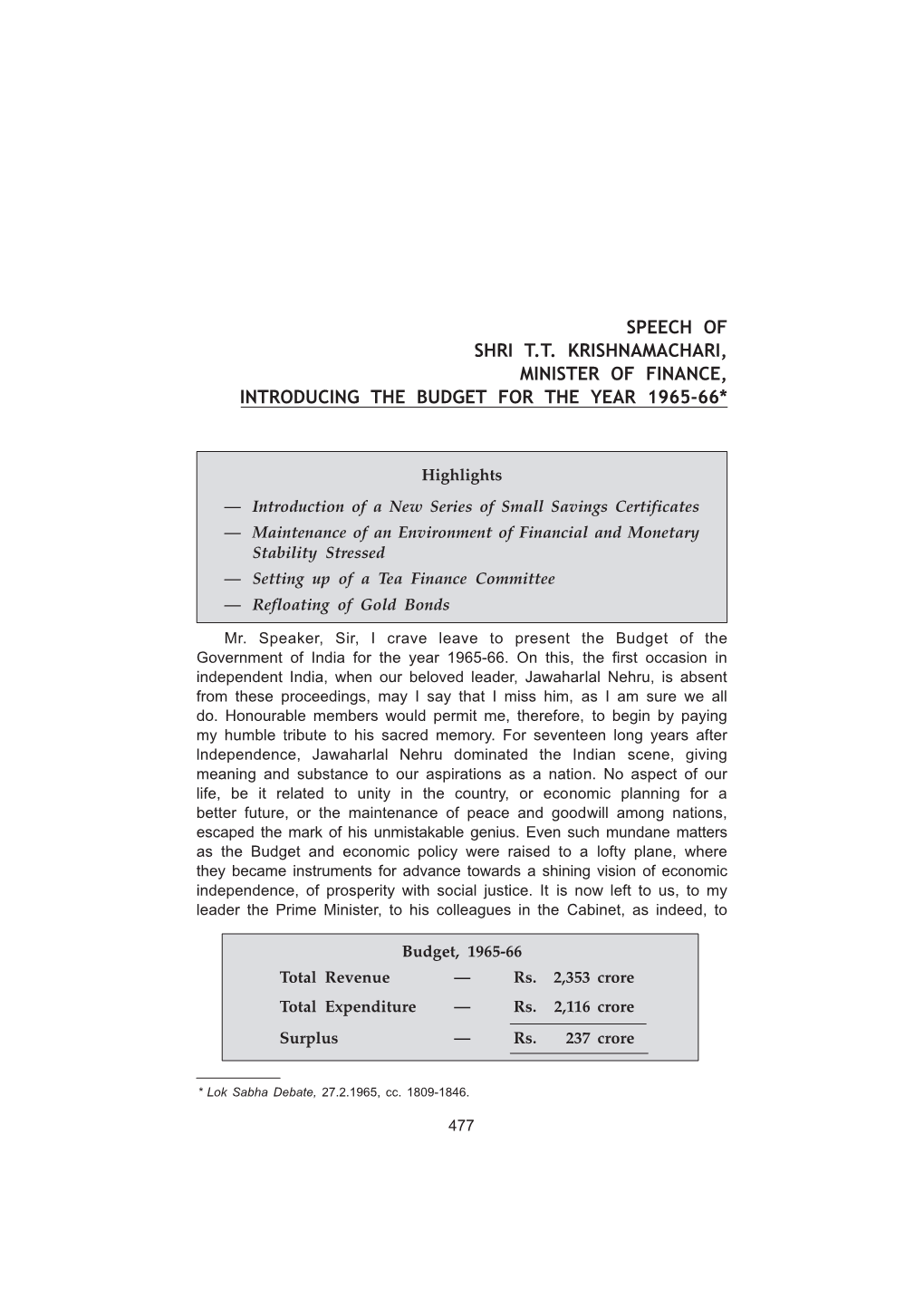 Budget Speech February 1965-66