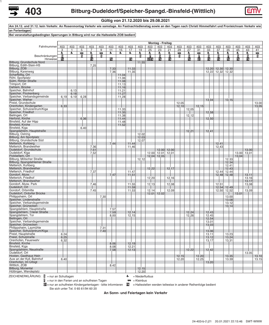 Bitburg-Dudeldorf/Speicher-Spangd.-Binsfeld-(Wittlich) Gültig Von 21.12.2020 Bis 29.08.2021 Am 24.12