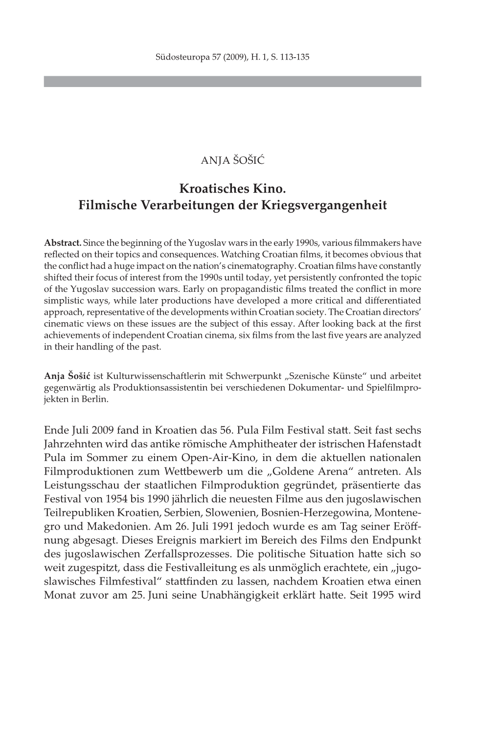 Kroatisches Kino. Filmische Verarbeitungen Der Kriegsvergangenheit