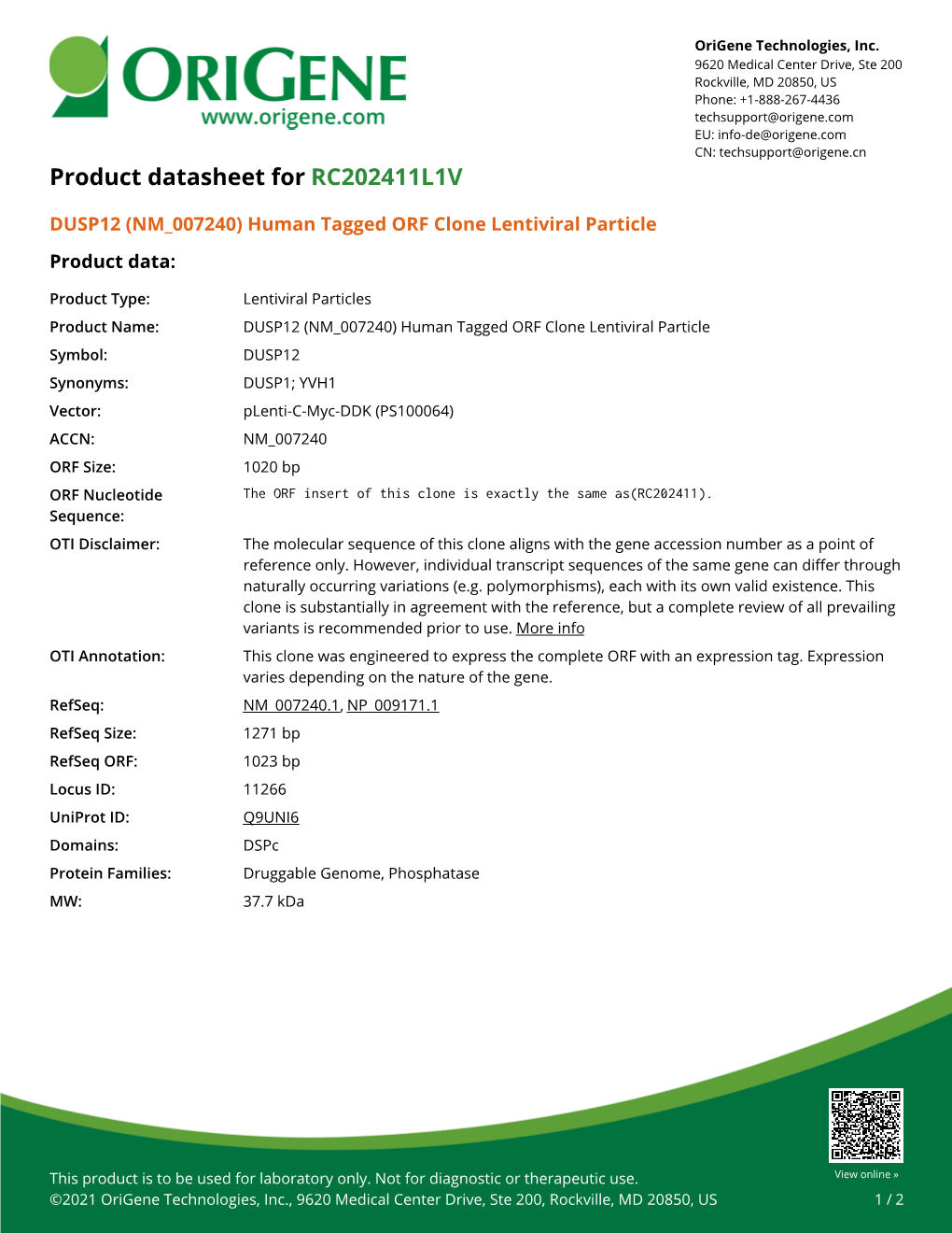 DUSP12 (NM 007240) Human Tagged ORF Clone Lentiviral Particle Product Data