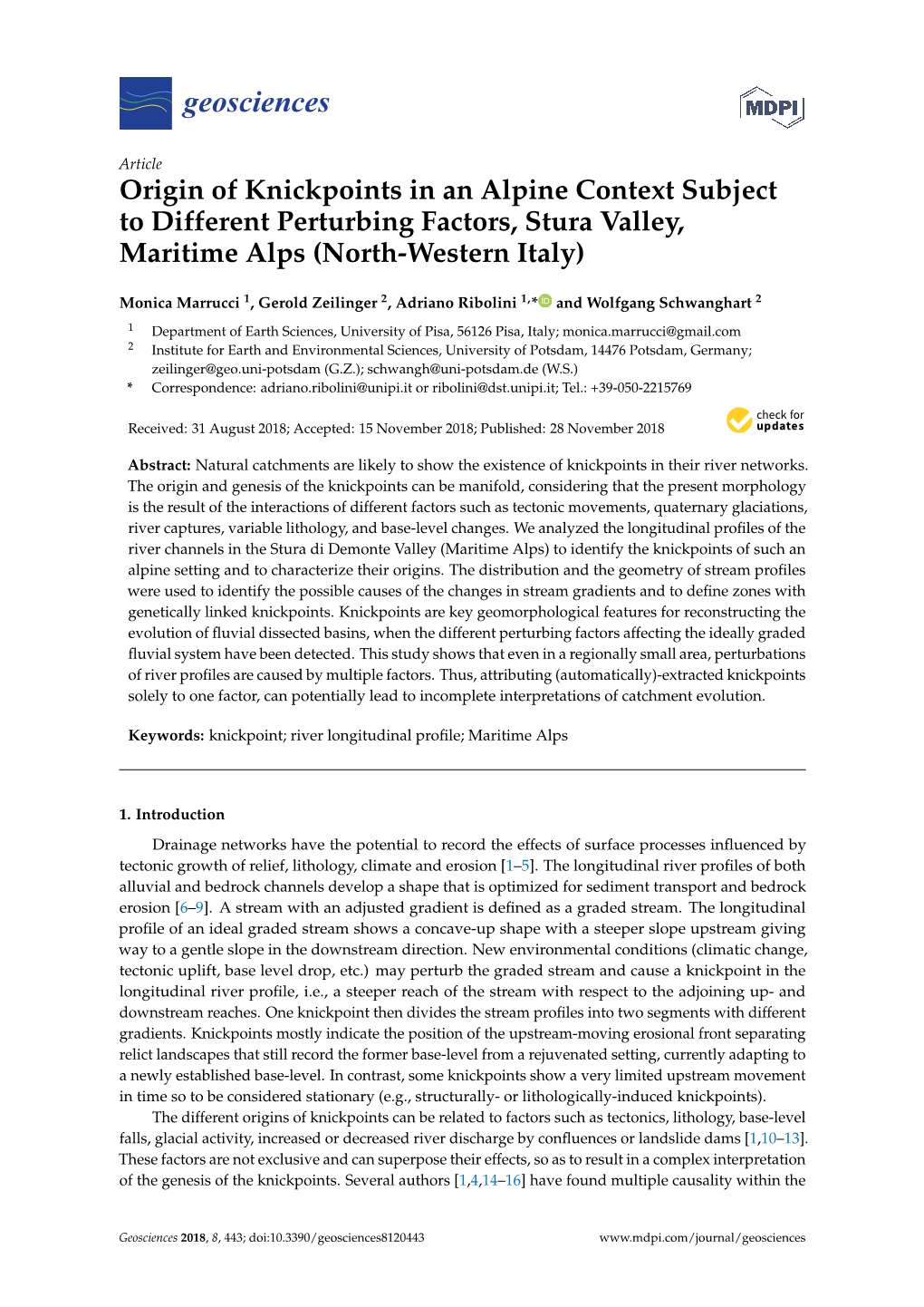 Origin of Knickpoints in an Alpine Context Subject to Different Perturbing Factors, Stura Valley, Maritime Alps (North-Western Italy)