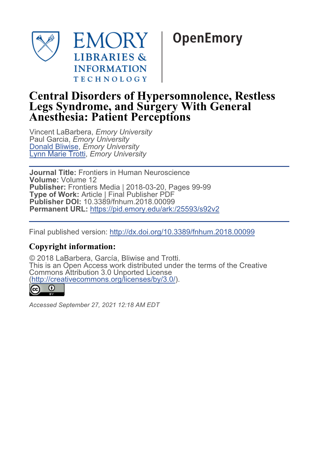 Central Disorders of Hypersomnolence, Restless Legs Syndrome, and Surgery with General Anesthesia: Patient Perceptions