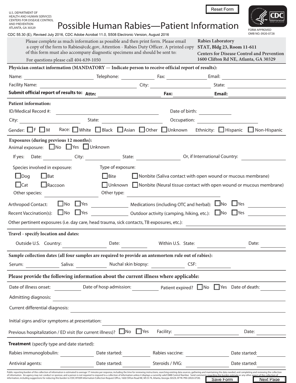 Possible Human Rabies—Patient Information FORM APPROVED OMB NO