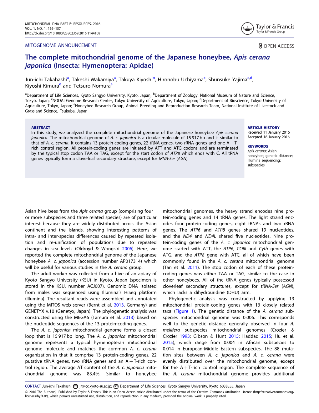 The Complete Mitochondrial Genome of the Japanese Honeybee, Apis Cerana Japonica (Insecta: Hymenoptera: Apidae)