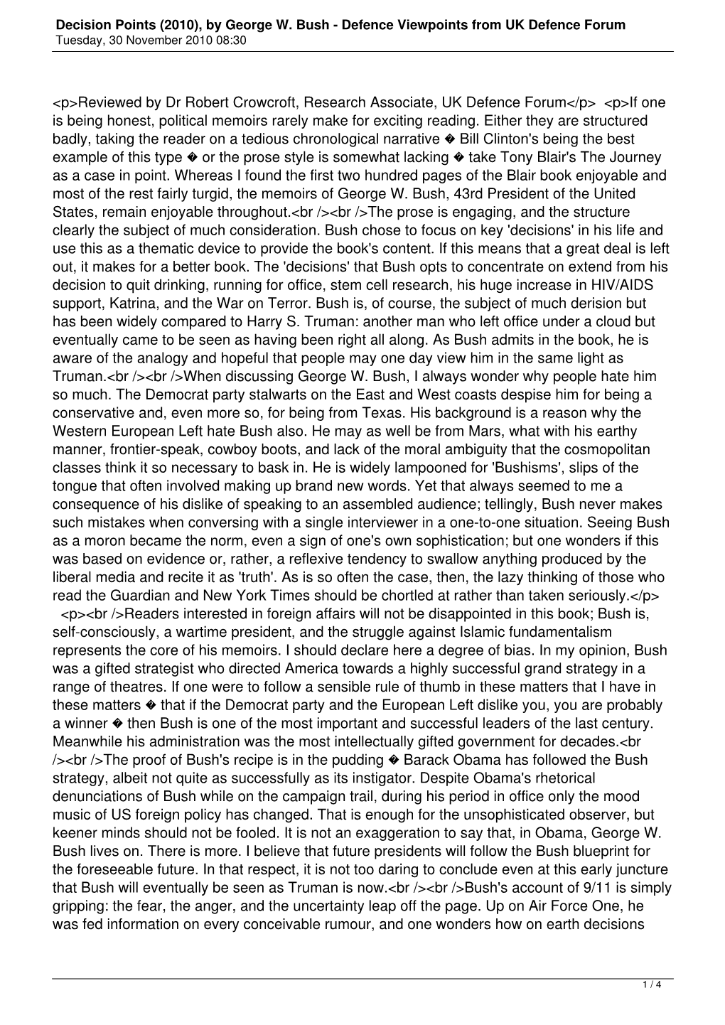 Decision Points (2010), by George W. Bush - Defence Viewpoints from UK Defence Forum Tuesday, 30 November 2010 08:30