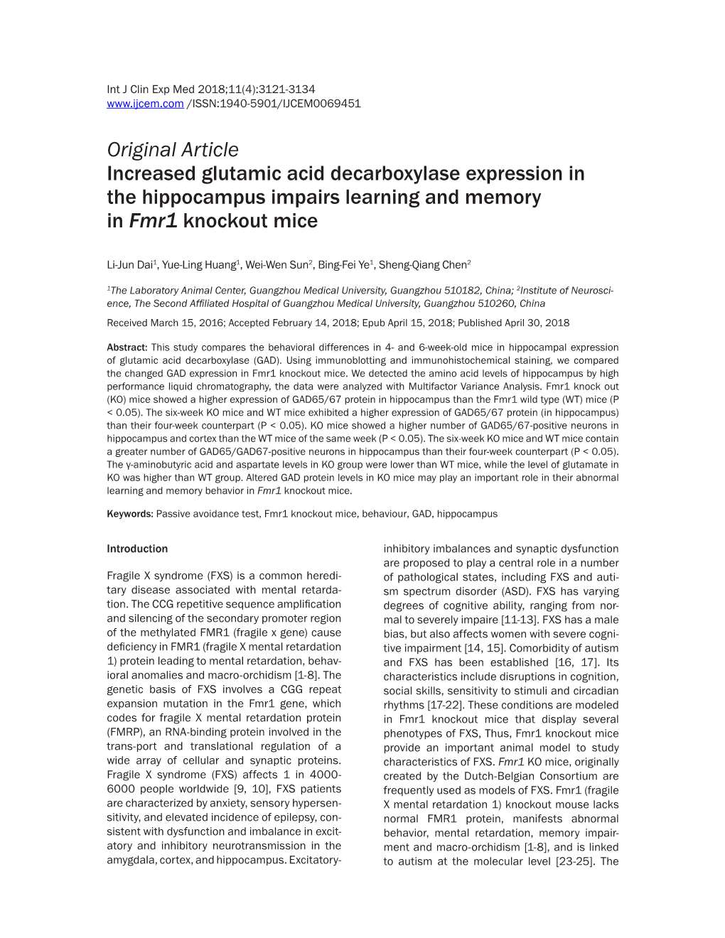 Original Article Increased Glutamic Acid Decarboxylase Expression in the Hippocampus Impairs Learning and Memory in Fmr1 Knockout Mice