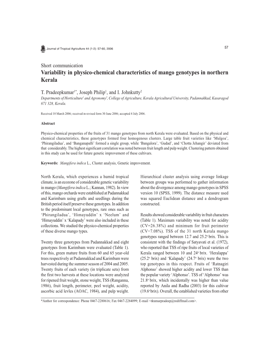 Variability in Physico-Chemical Characteristics of Mango Genotypes in Northern Kerala