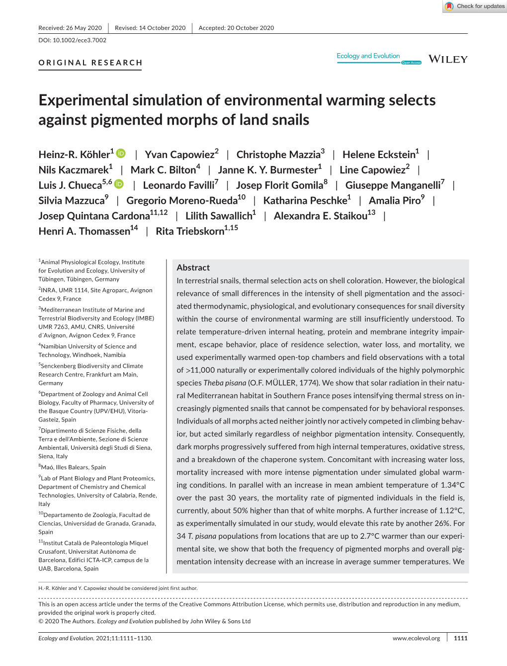 Experimental Simulation of Environmental Warming Selects Against Pigmented Morphs of Land Snails