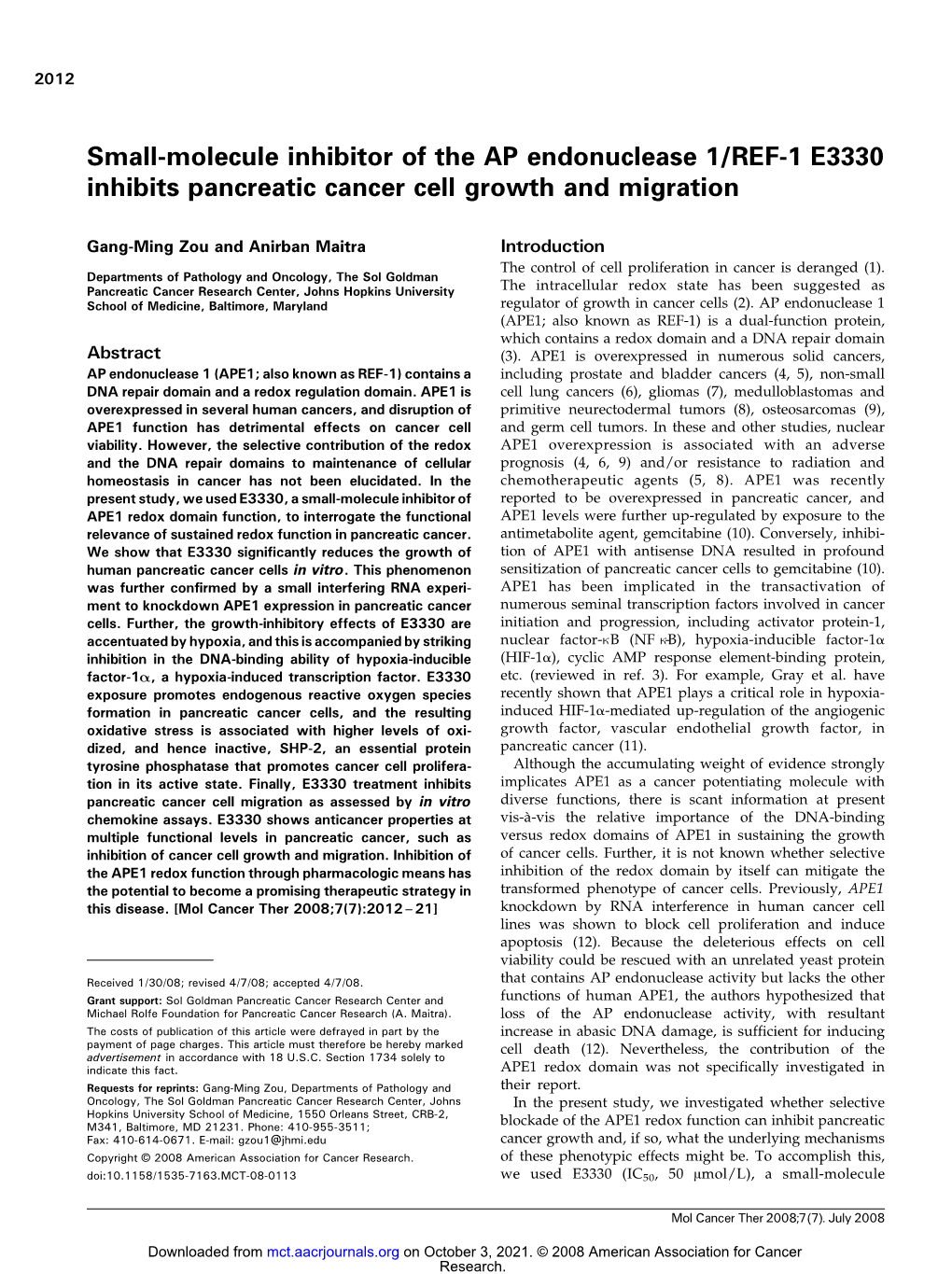Small-Molecule Inhibitor of the AP Endonuclease 1/REF-1 E3330 Inhibits Pancreatic Cancer Cell Growth and Migration