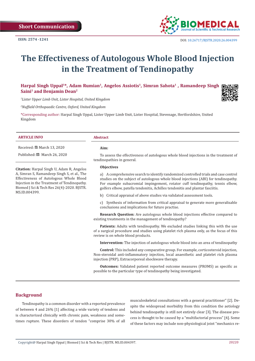 The Effectiveness of Autologous Whole Blood Injection in the Treatment of Tendinopathy