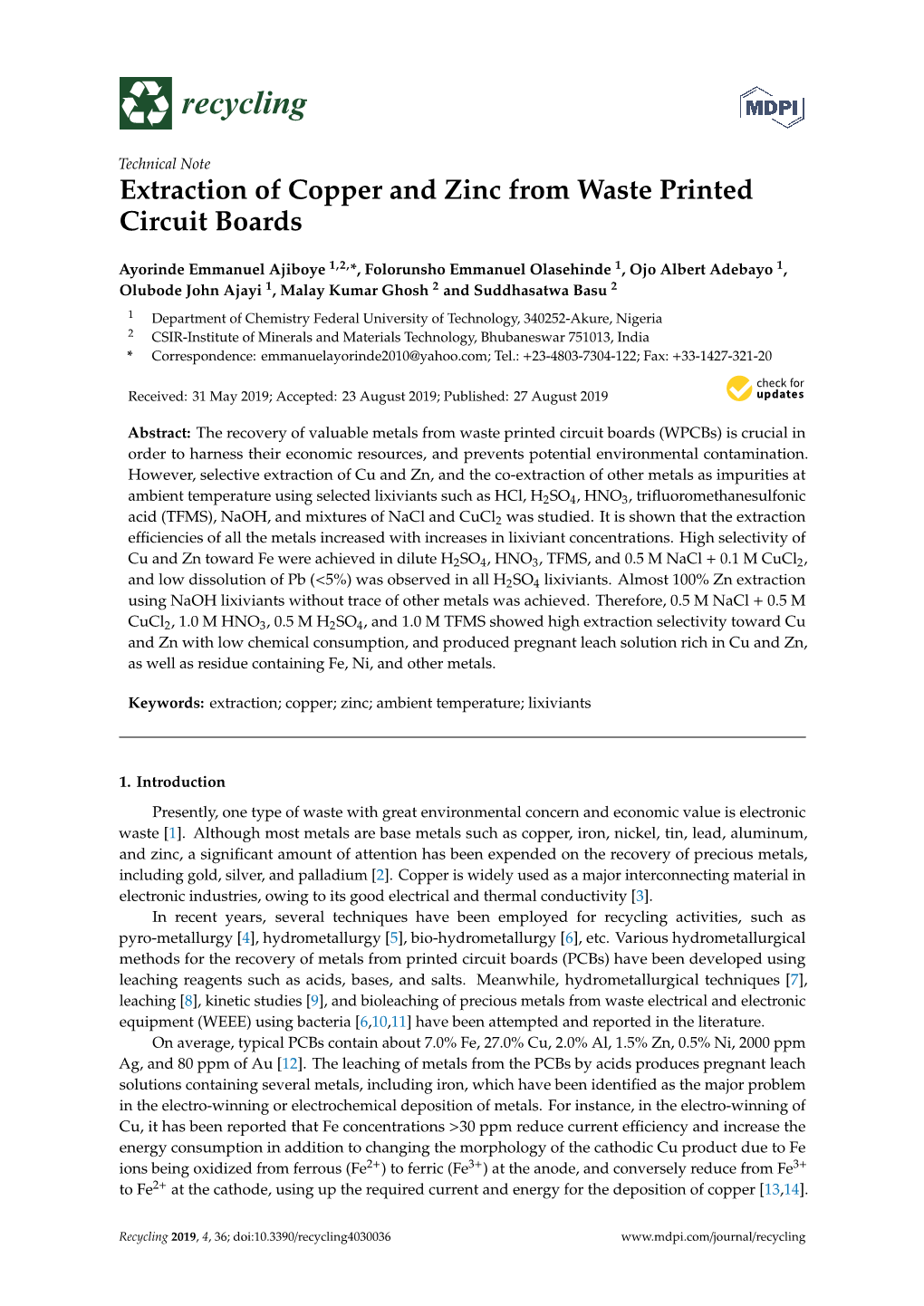 Extraction of Copper and Zinc from Waste Printed Circuit Boards