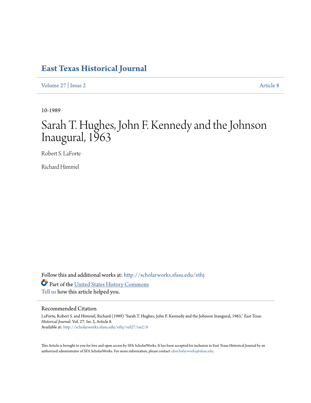 Sarah T. Hughes, John F. Kennedy and the Johnson Inaugural, 1963 Robert S