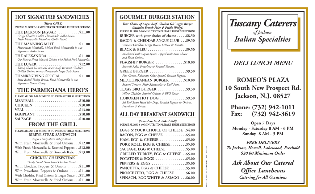 Tuscany Lunch Menu