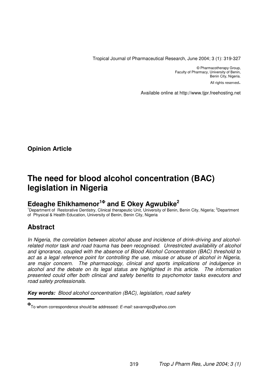 The Need for Blood Alcohol Concentration (BAC) Legislation in Nigeria