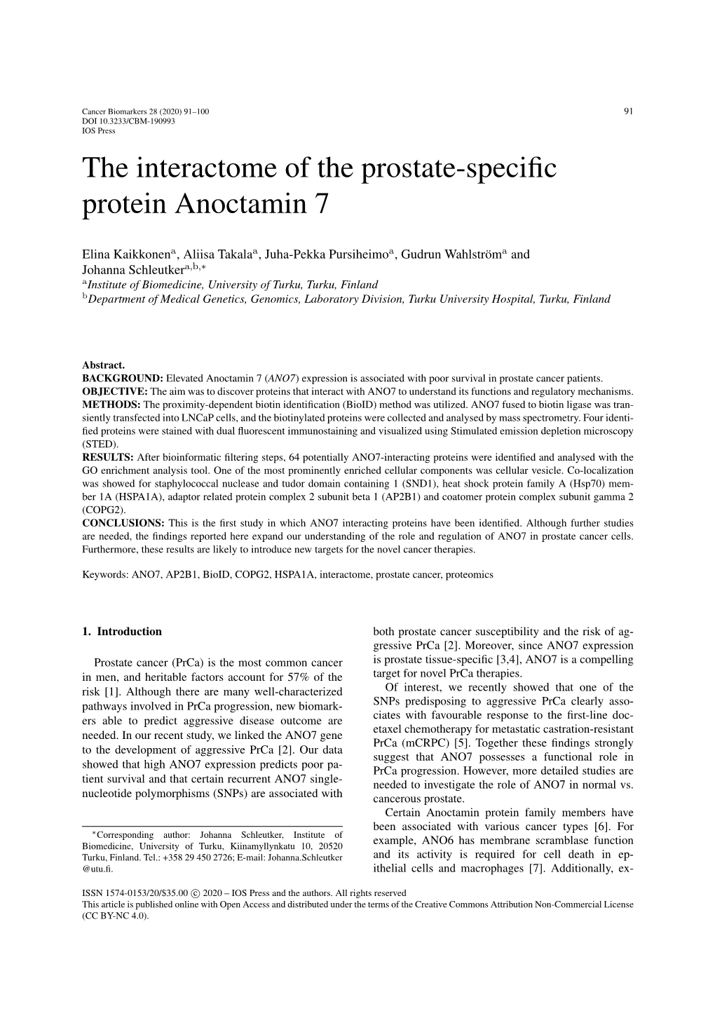 The Interactome of the Prostate-Specific Protein Anoctamin 7