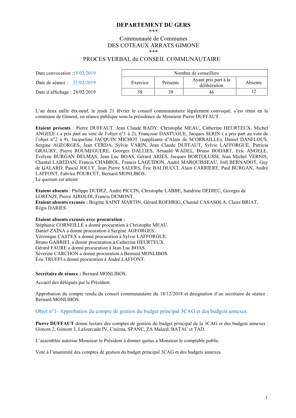 DEPARTEMENT DU GERS *** Communauté De Communes DES COTEAUX ARRATS GIMONE *** PROCES VERBAL Du CONSEIL COMMUNAUTAIRE