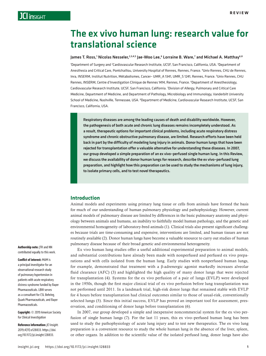 The Ex Vivo Human Lung: Research Value for Translational Science