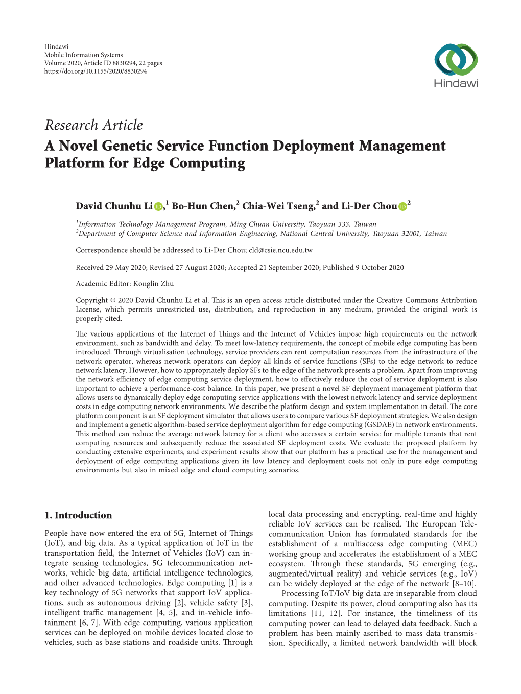 A Novel Genetic Service Function Deployment Management Platform for Edge Computing