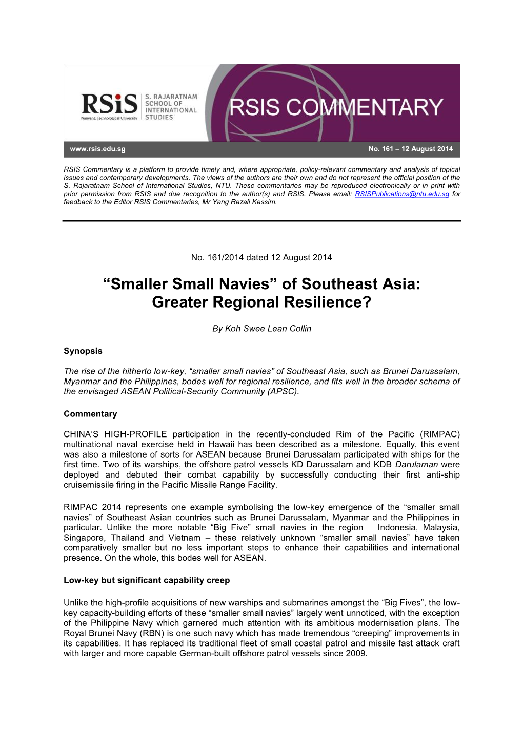 “Smaller Small Navies” of Southeast Asia: Greater Regional Resilience?