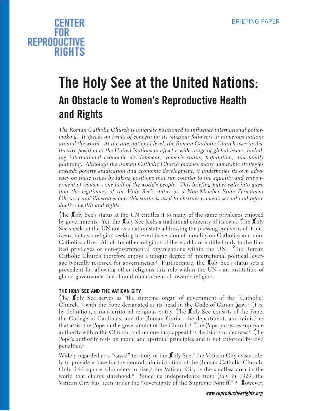 The Holy See at the United Nations: an Obstacle to Women’S Reproductive Health and Rights