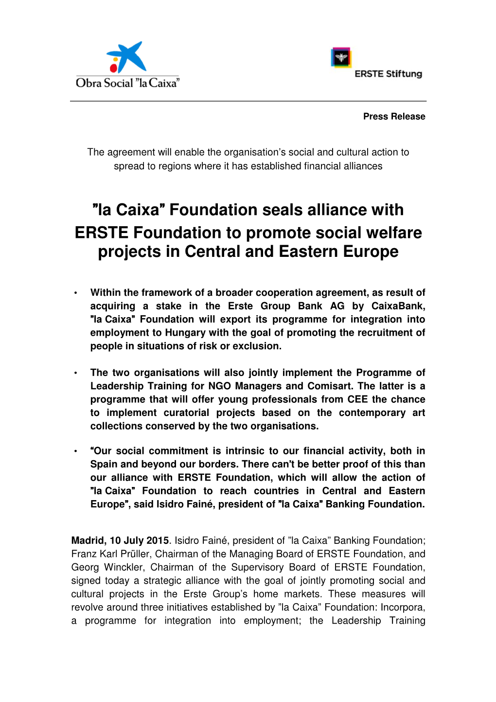 La Caixa” Foundation Seals Alliance with ERSTE Foundation to Promote