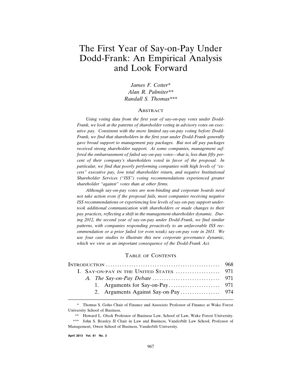 The First Year of Say-On-Pay Under Dodd-Frank: an Empirical Analysis and Look Forward