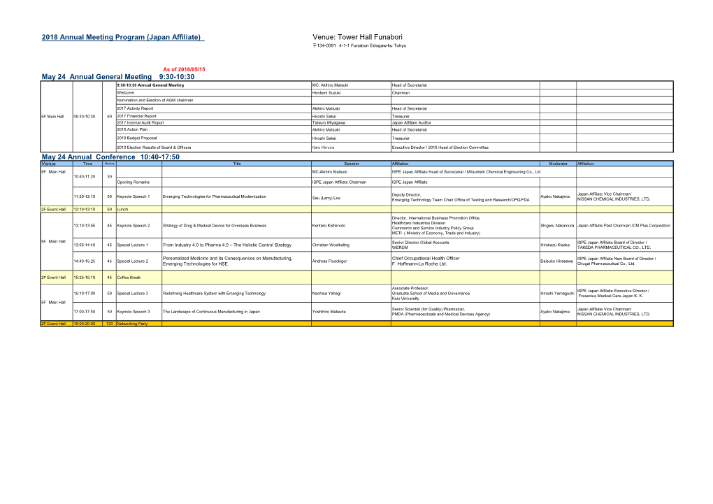 2018 Annual Meeting Program (Japan Affiliate) Venue: Tower Hall Funabori 〒134-0091 4-1-1 Funabori Edogaw-Ku Tokyo