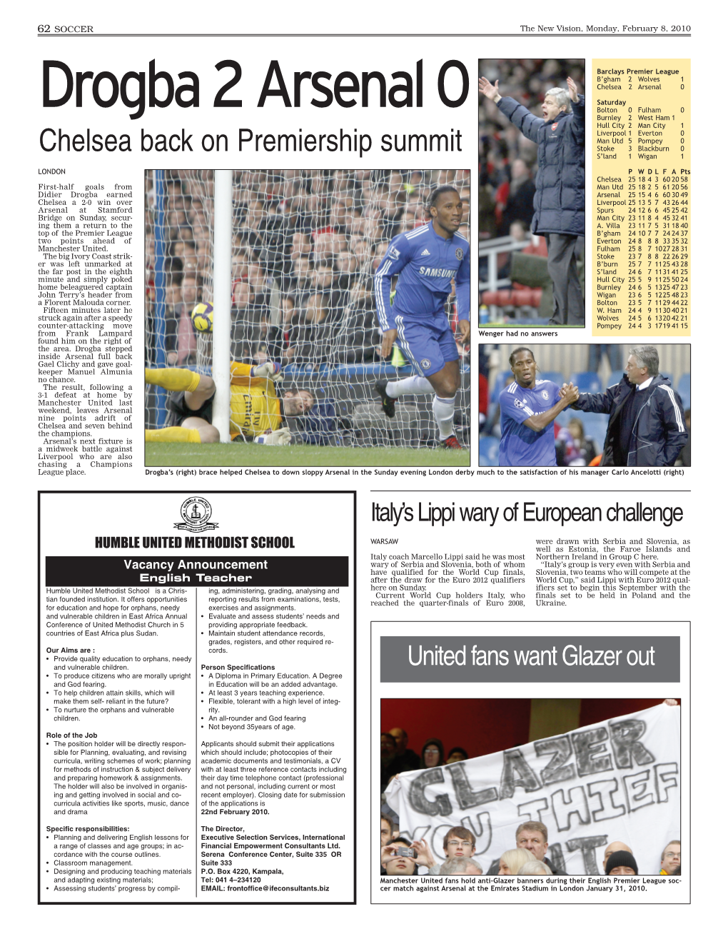 Chelsea Back on Premiership Summit Stoke 3 Blackburn 0 S’Land 1 Wigan 1