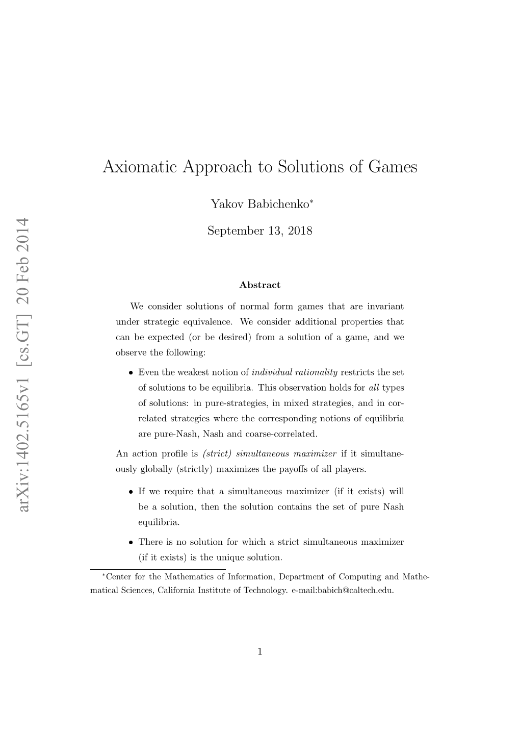 Axiomatic Approach to Solutions of Games