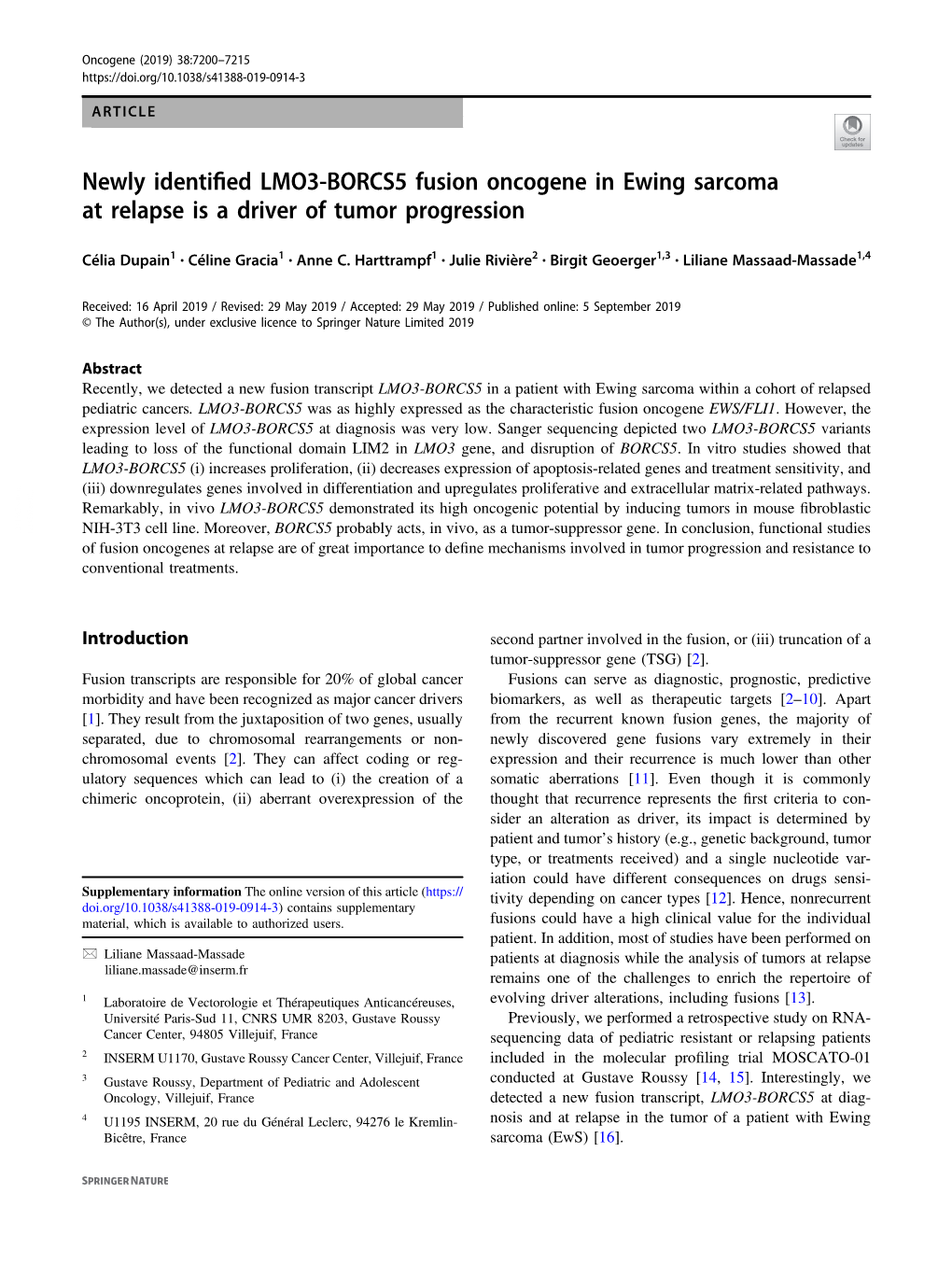 Newly Identified LMO3-BORCS5 Fusion Oncogene in Ewing Sarcoma