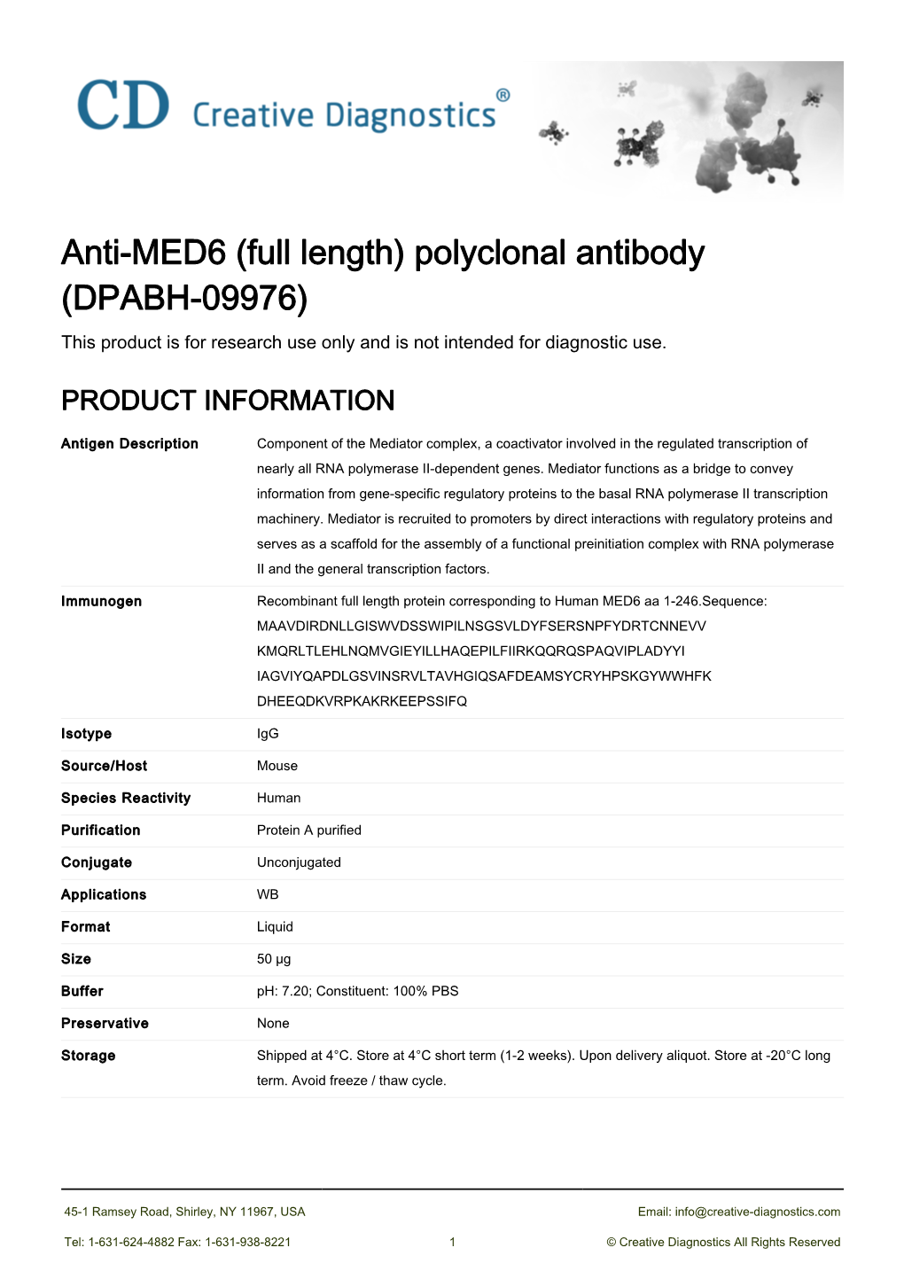 Anti-MED6 (Full Length) Polyclonal Antibody (DPABH-09976) This Product Is for Research Use Only and Is Not Intended for Diagnostic Use