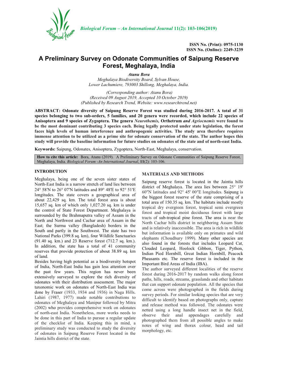 A Preliminary Survey on Odonate Communities of Saipung Reserve