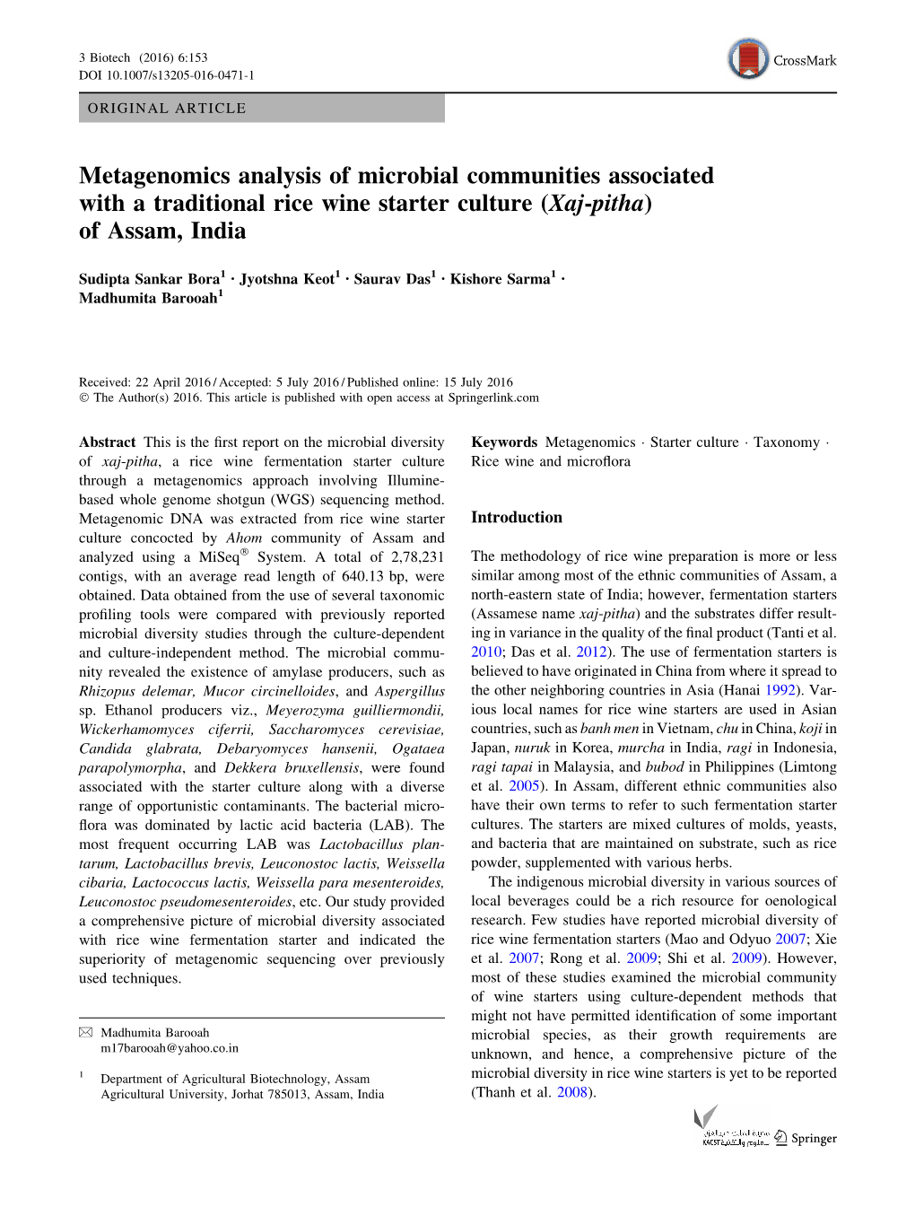 Metagenomics Analysis of Microbial Communities Associated with a Traditional Rice Wine Starter Culture (Xaj-Pitha) of Assam, India