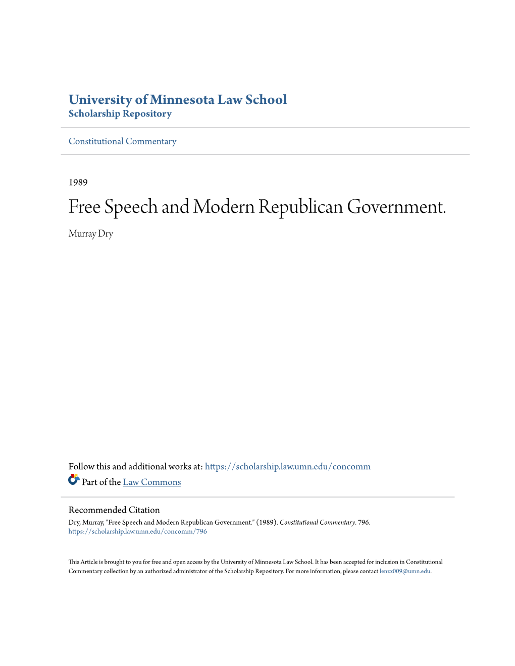 Free Speech and Modern Republican Government. Murray Dry
