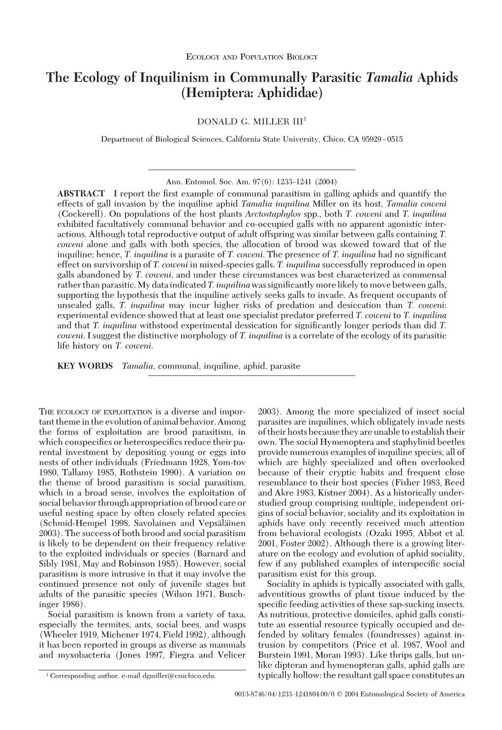 The Ecology of Inquilinism in Communally Parasitic Tamalia Aphids (Hemiptera: Aphididae)