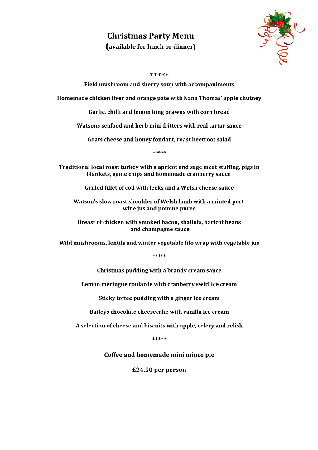 Christmas Function Lunch Menu