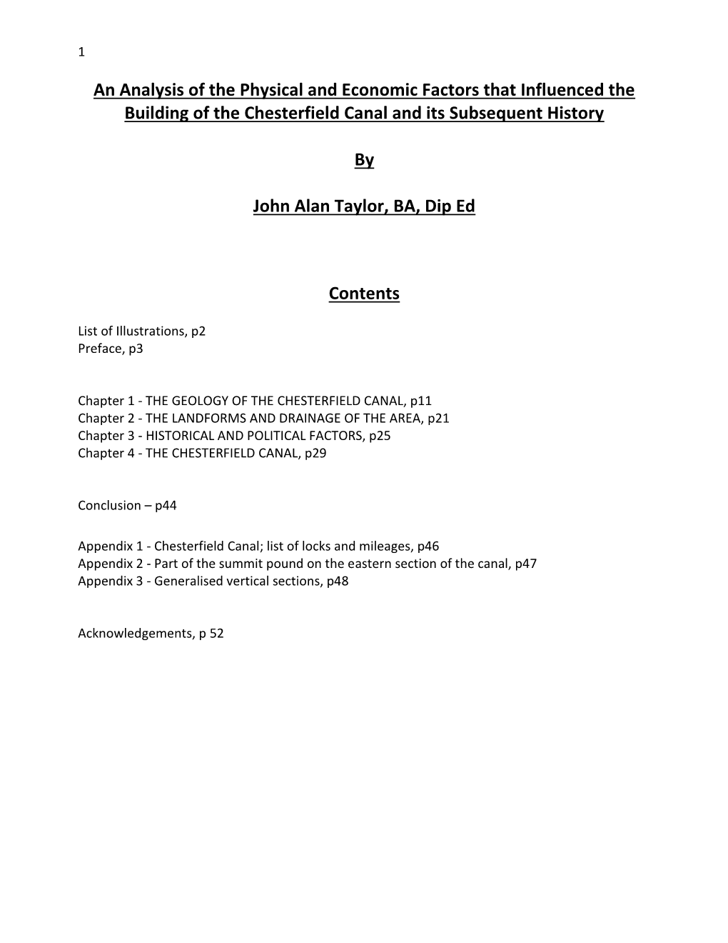 An Analysis of the Physical and Economic Factors That Influenced the Building of the Chesterfield Canal and Its Subsequent History