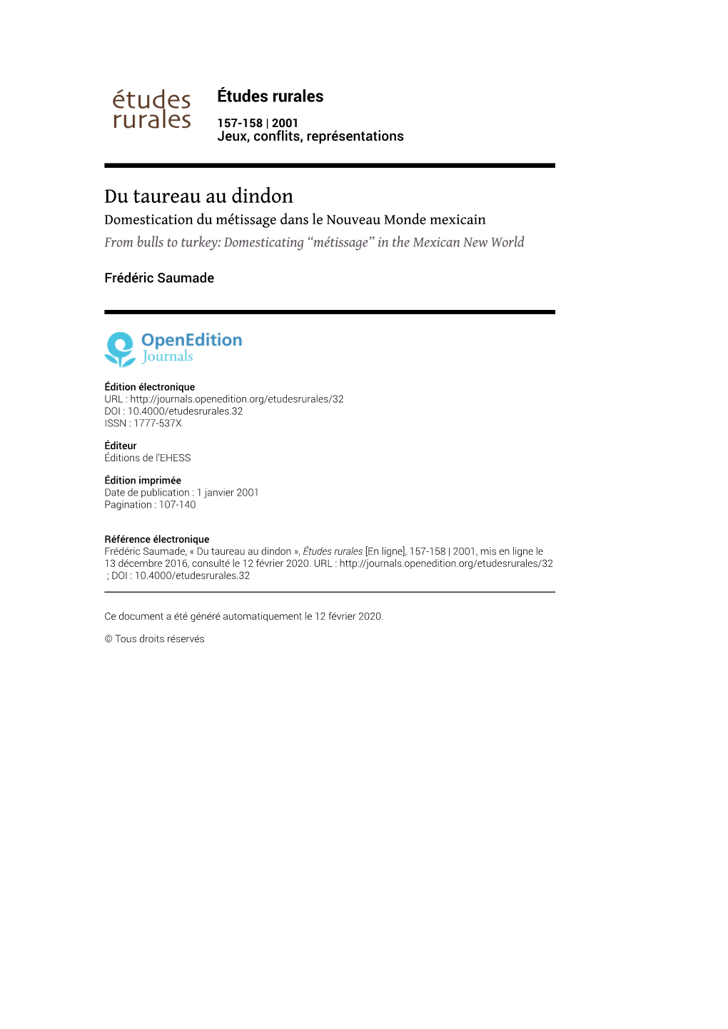 Études Rurales, 157-158 | 2001 Du Taureau Au Dindon 2