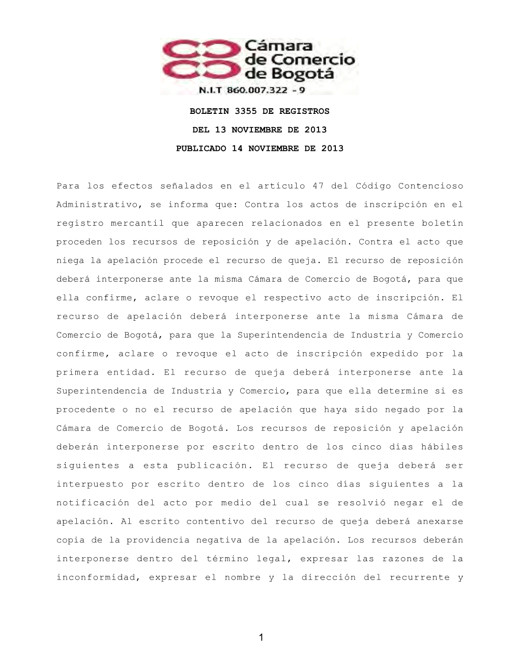 Boletin 3355 De Registros Del 13 Noviembre De 2013 Publicado 14 Noviembre De 2013