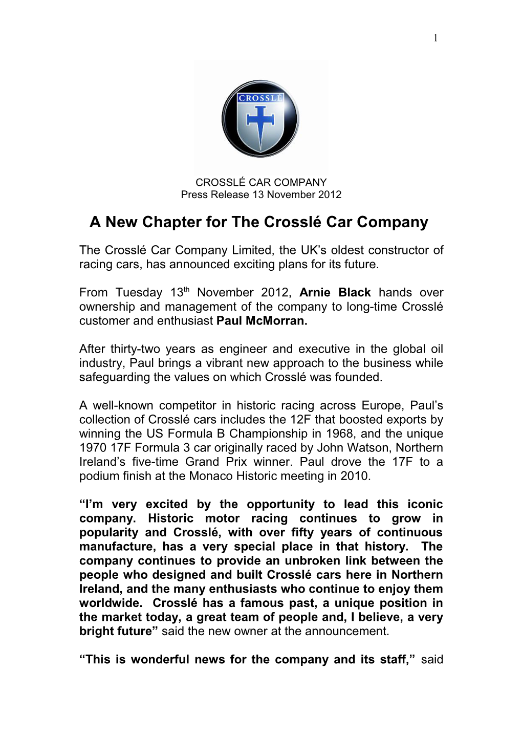 Crosslé Press Release